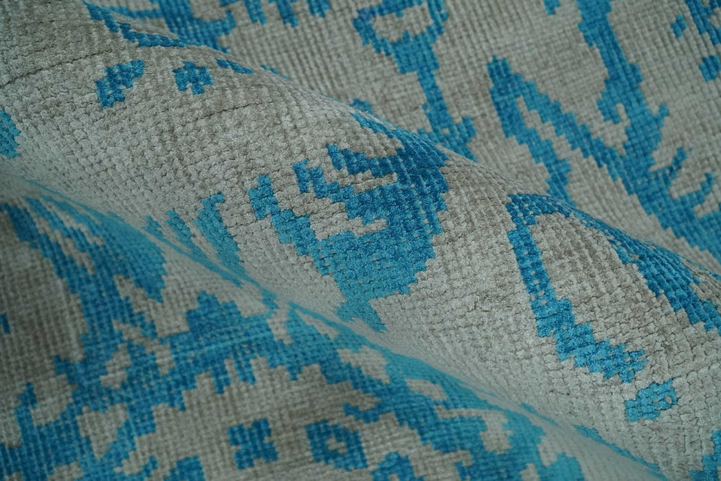 10x14 Hand Knotted Gray and Blue Modern Contemporary Southwestern Tribal Trellis Bamboo Silk Area Rug | OP34