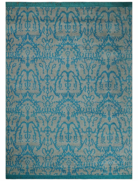 10x14 Hand Knotted Beige and Blue Modern Contemporary Bamboo Silk Area Rug