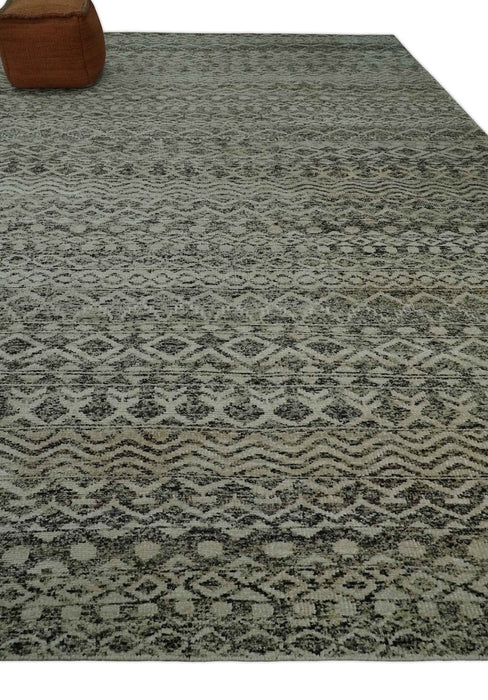 10x14 Hand Knotted Ivory and  Black Modern Contemporary Southwestern Recycled Silk Area Rug