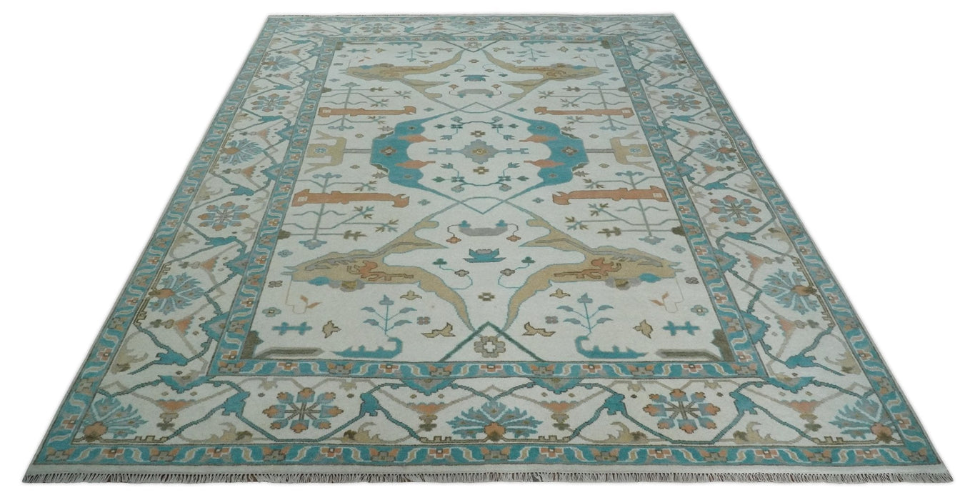 10x14 Ivory and Teal Hand knotted Oriental Oushak Traditional Wool Area Rug