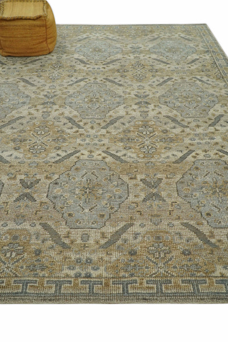 Custom Made Ivory, Brown and Blue Traditional Hand Knotted Wool Area Rug