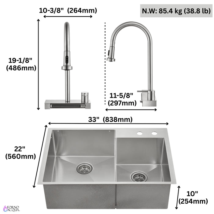FORNO ACQUA 33 in. Drop-In/Undermount 40/60 Double Bowl Stainless Steel Sink with Waterfall Faucet