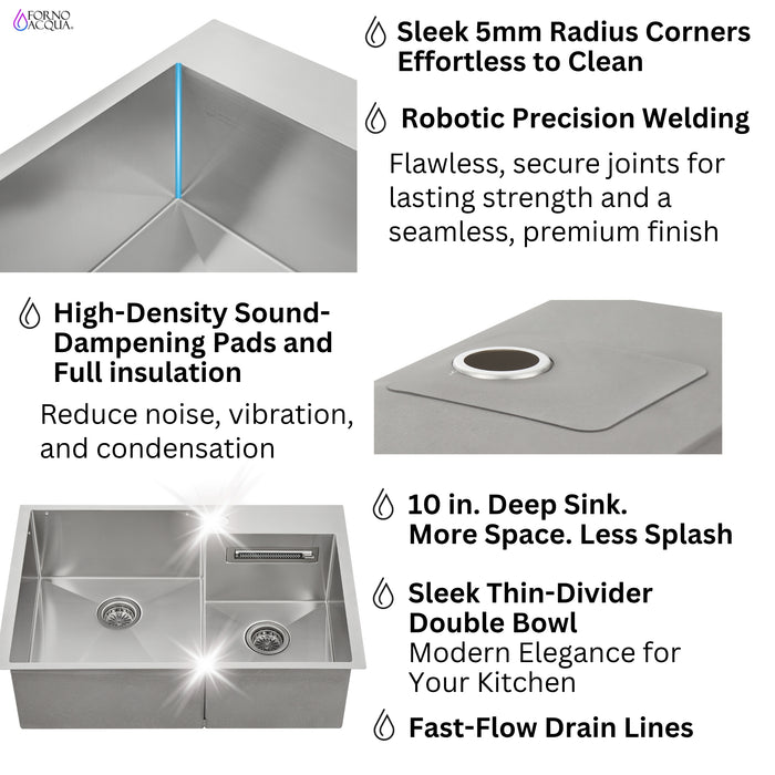 FORNO ACQUA 33 in. Drop-In/Undermount 40/60 Double Bowl Sink with Retractable Faucet & Waterfall