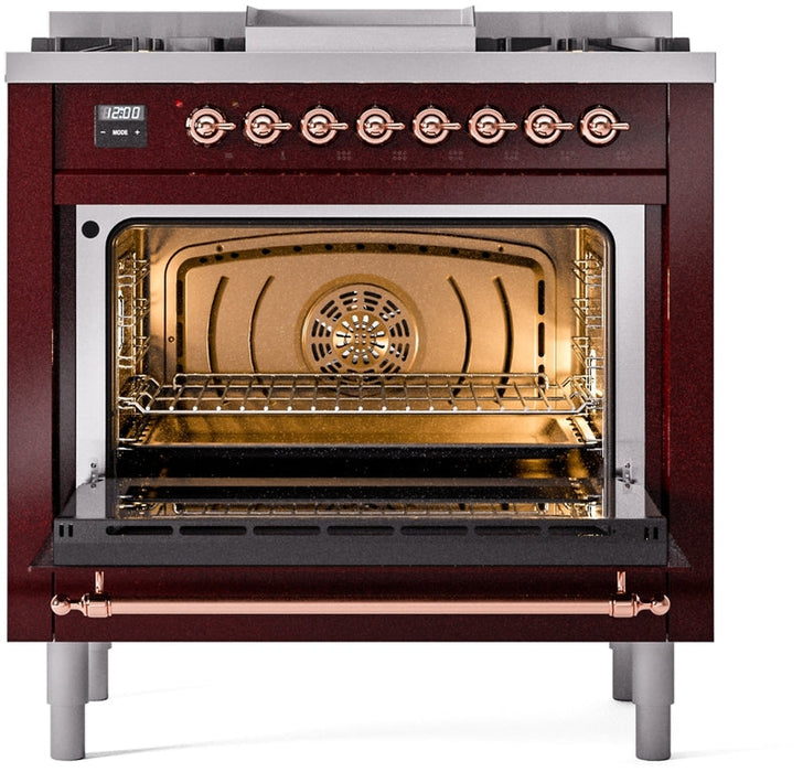 ILVE Nostalgie II 36" Dual Fuel Natural Gas Range in Burgundy with Copper Trim, UP36FNMPBUP