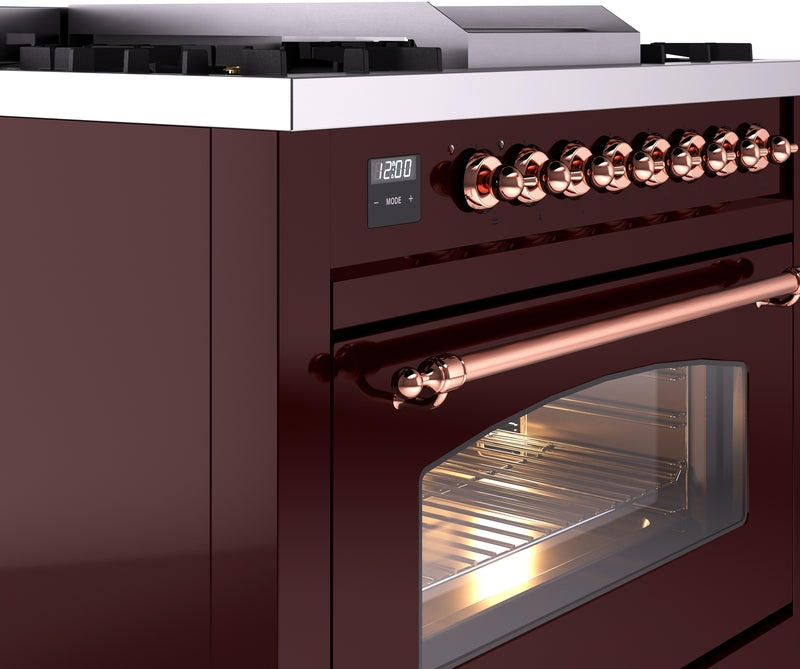 ILVE Nostalgie II 36" Dual Fuel Natural Gas Range in Burgundy with Copper Trim, UP36FNMPBUP