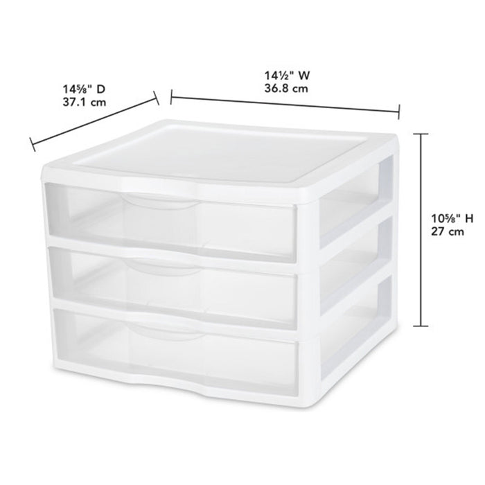 Sterilite Plastic Stackable Small 3 Drawer Storage System, White Frame, 3 Pack