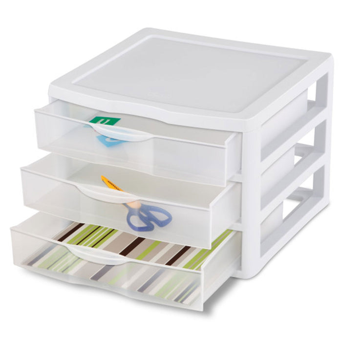 Sterilite Plastic Stackable Small 3 Drawer Storage System, White Frame, 3 Pack