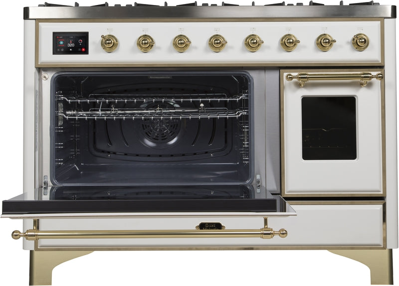 ILVE Majestic II 48" Dual Fuel Propane Gas Range in White with Brass Trim, UM12FDNS3WHGLP