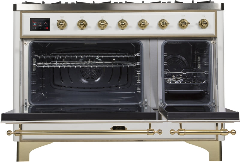 ILVE Majestic II 48" Dual Fuel Propane Gas Range in White with Brass Trim, UM12FDNS3WHGLP