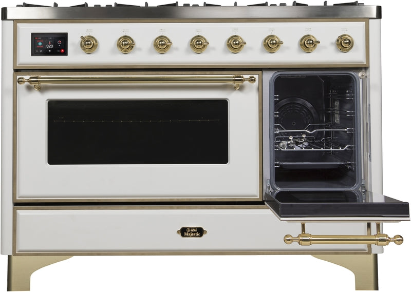 ILVE Majestic II 48" Dual Fuel Propane Gas Range in White with Brass Trim, UM12FDNS3WHGLP