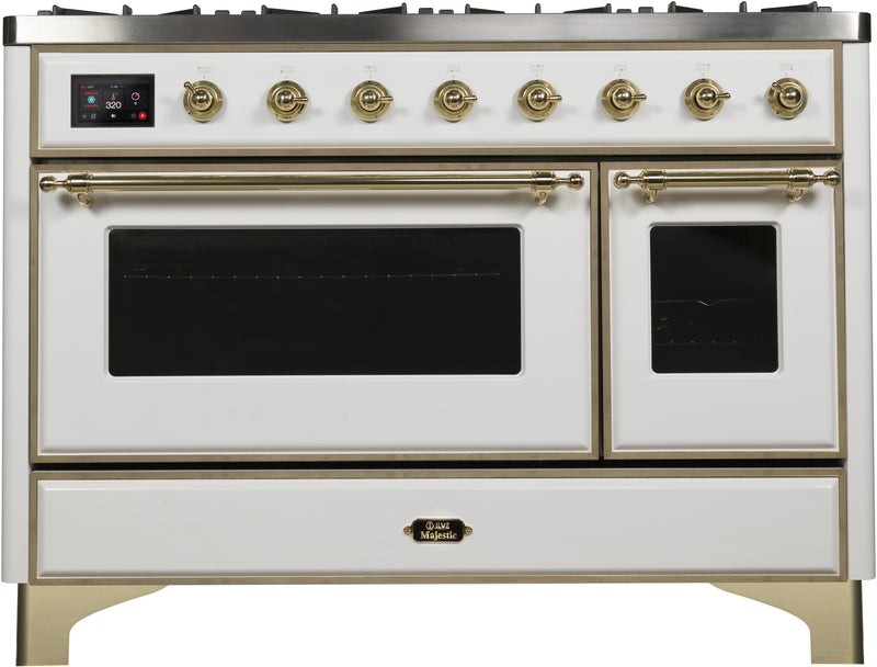 ILVE Majestic II 48" Dual Fuel Propane Gas Range in White with Brass Trim, UM12FDNS3WHGLP