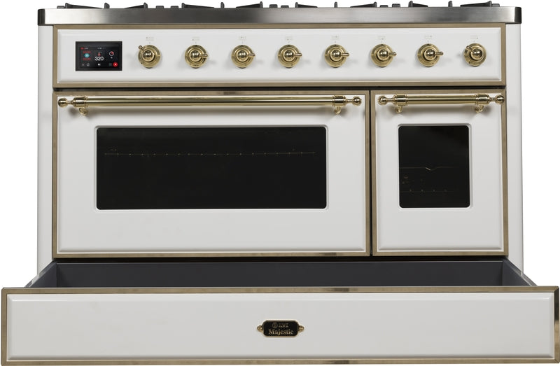 ILVE Majestic II 48" Dual Fuel Propane Gas Range in White with Brass Trim, UM12FDNS3WHGLP