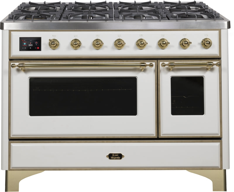 ILVE Majestic II 48" Dual Fuel Propane Gas Range in White with Brass Trim, UM12FDNS3WHGLP