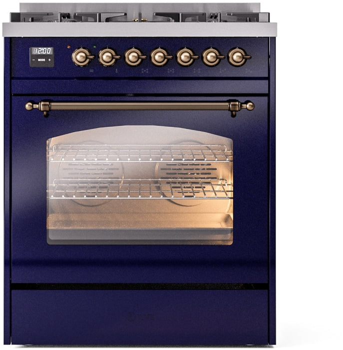 ILVE Nostalgie II 30" Dual Fuel Natural Gas Range in Blue with Bronze Trim, UP30NMPMBB