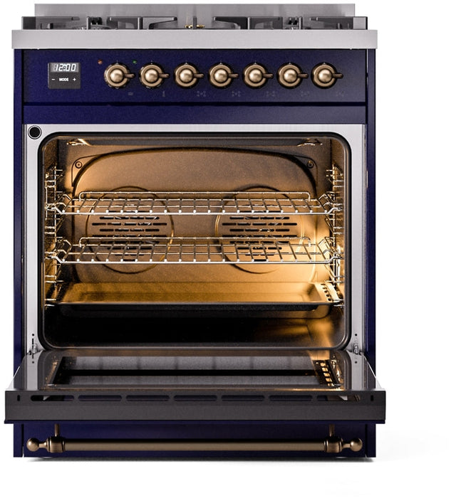 ILVE Nostalgie II 30" Dual Fuel Natural Gas Range in Blue with Bronze Trim, UP30NMPMBB