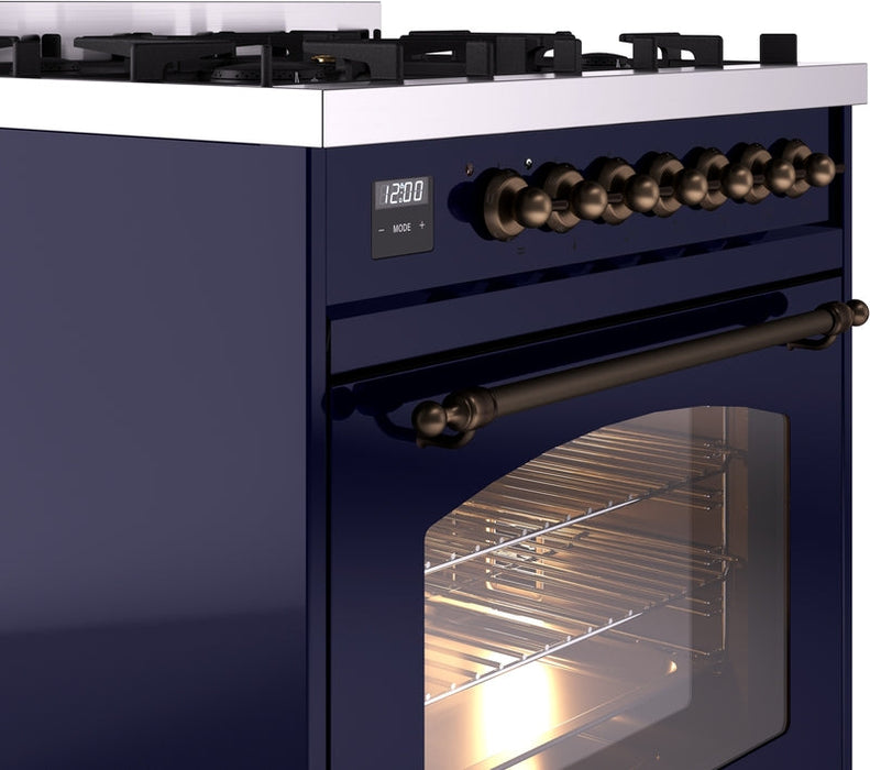 ILVE Nostalgie II 30" Dual Fuel Natural Gas Range in Blue with Bronze Trim, UP30NMPMBB