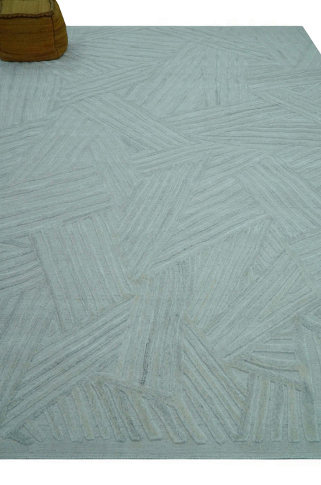 Modern Geometrical Pattern Ivory and Silver Hand Knotted 10x13 Wool Rug