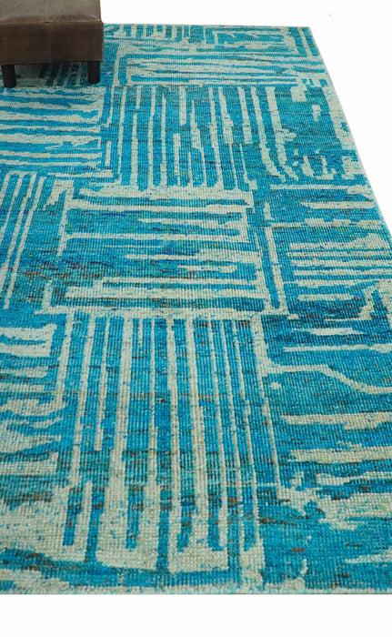 Modern stripes design Blue and Beige 5x8 Hand knotted wool area rug