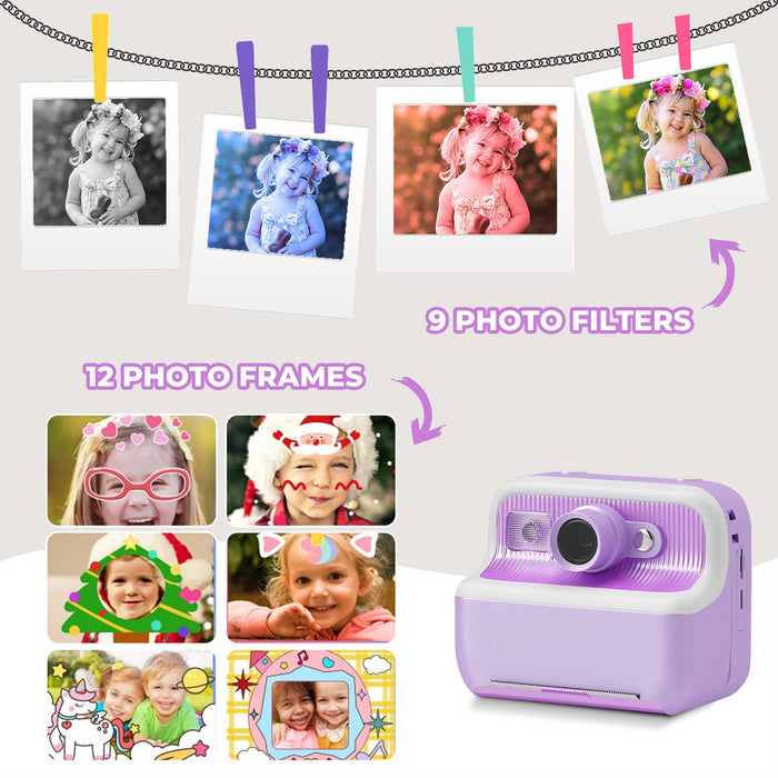 Kids Camera Instant Camera Christmas Birthday Gifts 1080P Digital Video Camera with 3 Rolls Paper, Purple