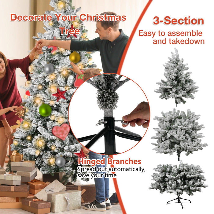 6.9ft Artificial Christmas Pine Tree Snow Flocked Xmas Tree with 950 Branch Tips Metal Frame