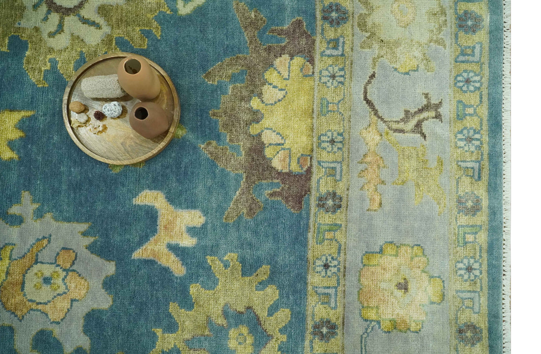 Blue, Silver and Olive 8x10 Hand knotted Traditional Oushak wool area rug