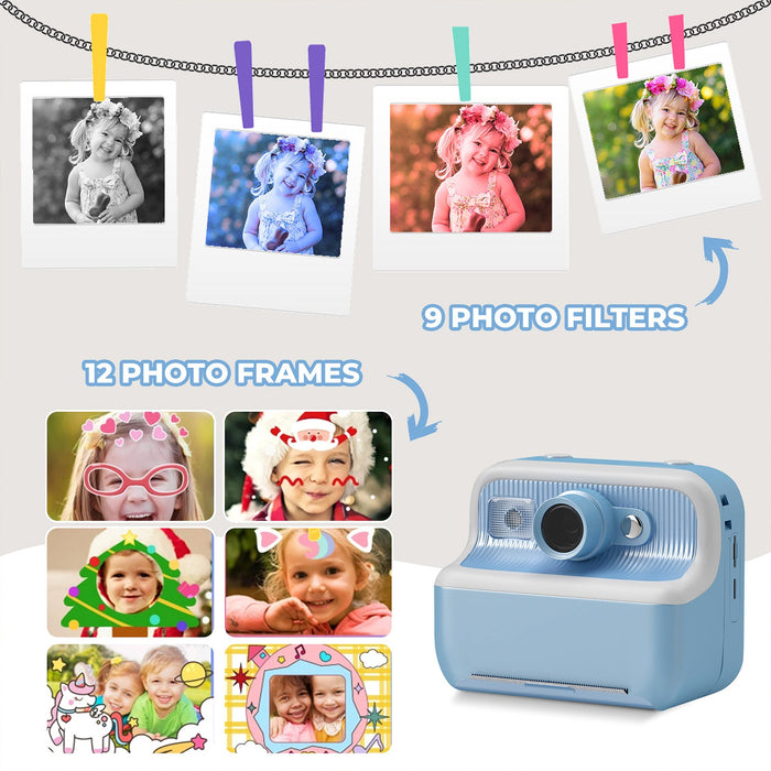 Kids Camera Instant Camera Christmas Birthday Gifts 1080P Digital Video Camera with 3 Rolls Paper, Blue