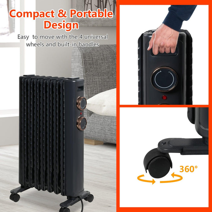 1500W Oil Filled Radiator Heater with 3 Heating Modes Portable Electric Space Heater, Matte Black