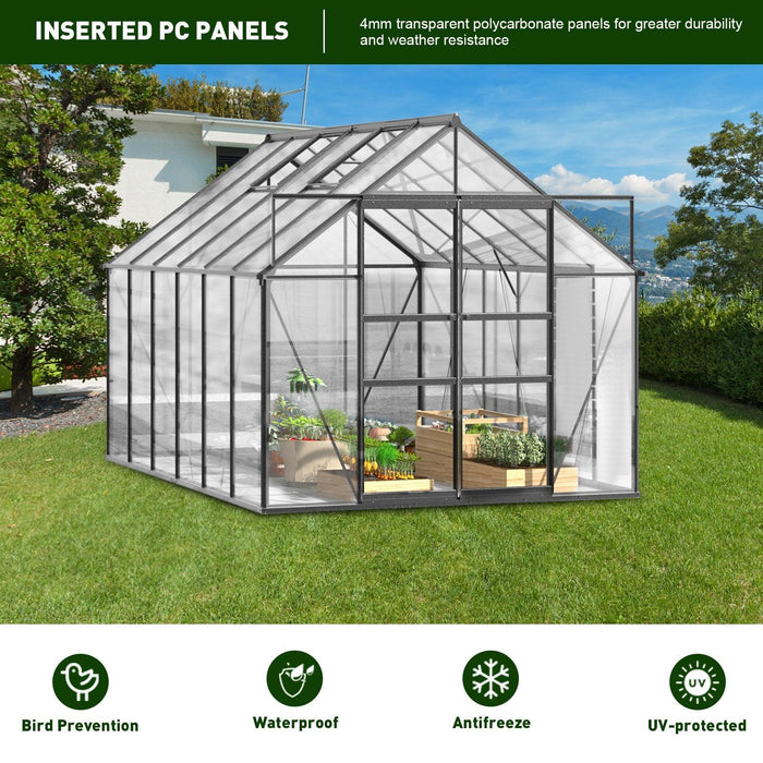 12x8 ft Walk-in Outdoor Greenhouse with Sliding Door, Vent Window, Rain Gutter