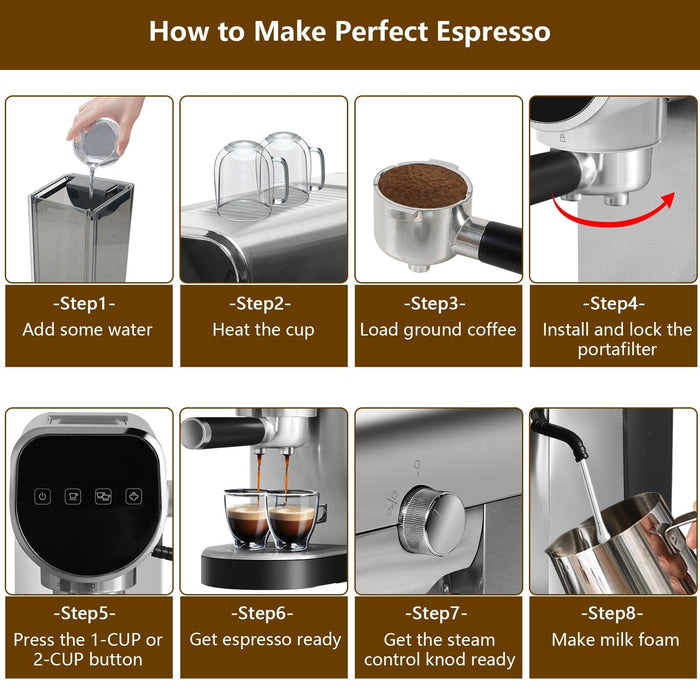 Espresso Machine 20-Bar Pump Manual Coffee Maker with Milk Frother Steam Wand