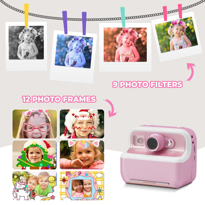 Kids Camera Instant Camera Christmas Birthday Gifts 1080P Digital Video Camera with 3 Rolls Paper, Pink