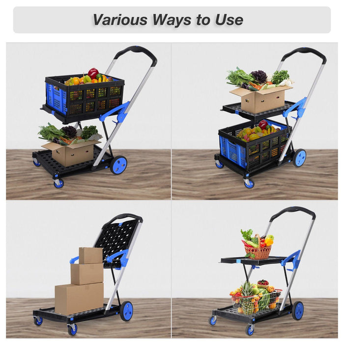 2-Tier Multi-Functional Collapsible Carts Foldable Trolley with Storage Crate Rolling Swivel Wheels