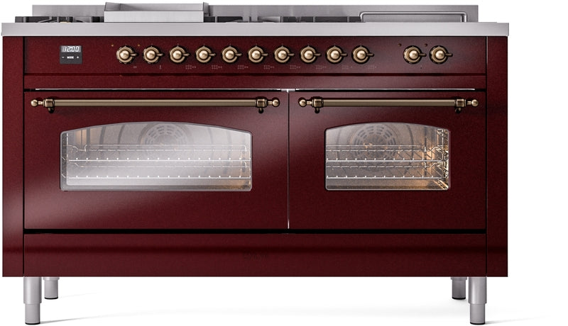 ILVE Nostalgie II 60" Dual Fuel Natural Gas Range in Burgundy with Bronze Trim, UP60FSNMPBUB