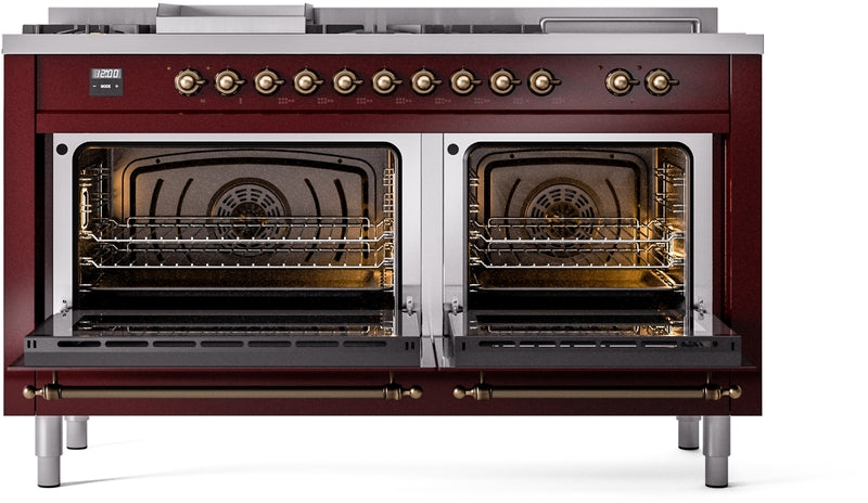 ILVE Nostalgie II 60" Dual Fuel Natural Gas Range in Burgundy with Bronze Trim, UP60FSNMPBUB