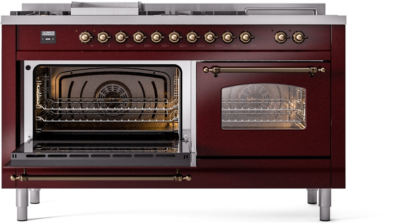 ILVE Nostalgie II 60" Dual Fuel Natural Gas Range in Burgundy with Bronze Trim, UP60FSNMPBUB