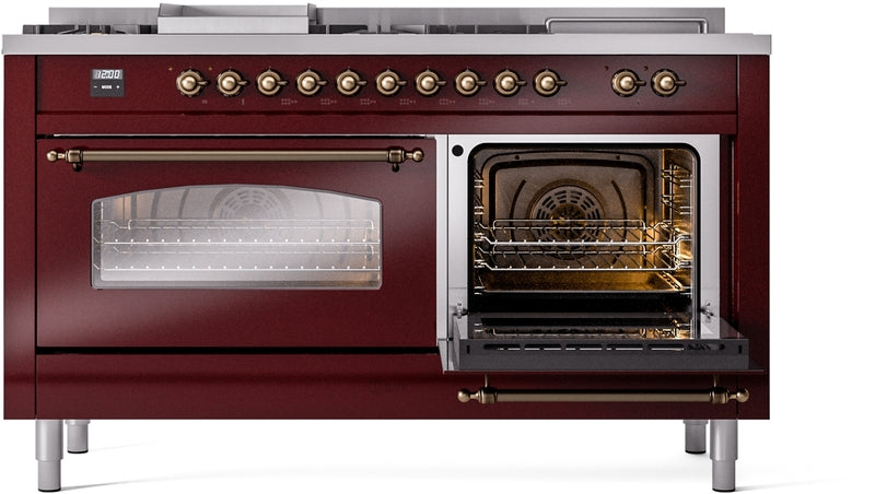 ILVE Nostalgie II 60" Dual Fuel Natural Gas Range in Burgundy with Bronze Trim, UP60FSNMPBUB