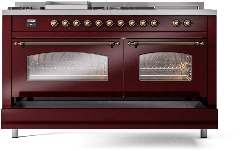 ILVE Nostalgie II 60" Dual Fuel Natural Gas Range in Burgundy with Bronze Trim, UP60FSNMPBUB