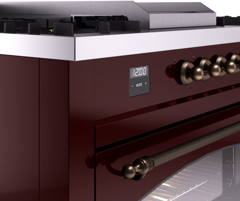 ILVE Nostalgie II 60" Dual Fuel Natural Gas Range in Burgundy with Bronze Trim, UP60FSNMPBUB