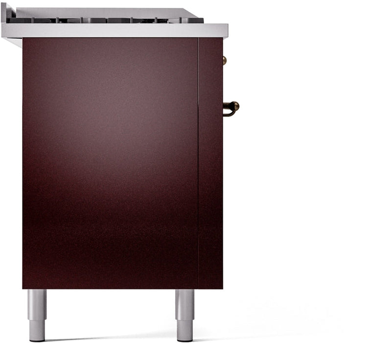 ILVE Nostalgie II 60" Dual Fuel Natural Gas Range in Burgundy with Bronze Trim, UP60FSNMPBUB