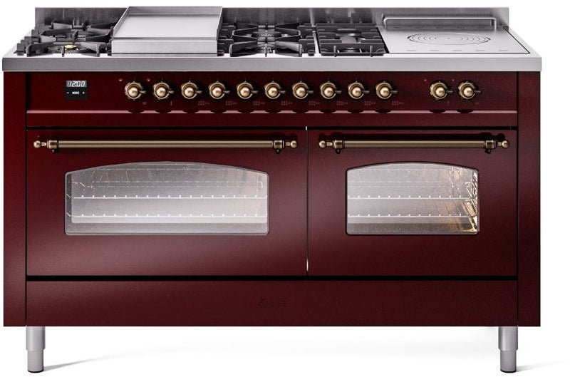 ILVE Nostalgie II 60" Dual Fuel Natural Gas Range in Burgundy with Bronze Trim, UP60FSNMPBUB