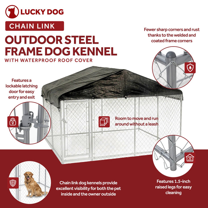 Lucky Dog 10 x 10 Ft Outdoor Steel Chain Link Dog Kennel & Waterproof Roof Cover