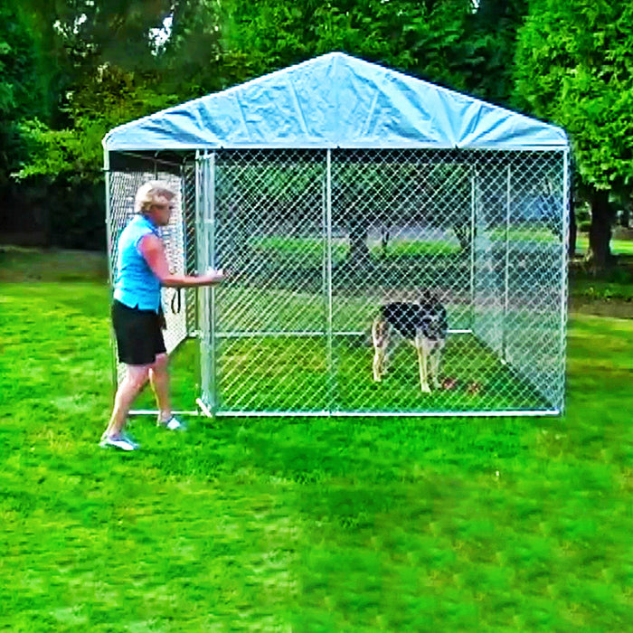 Lucky Dog 10 x 10 Ft Outdoor Steel Chain Link Dog Kennel & Waterproof Roof Cover