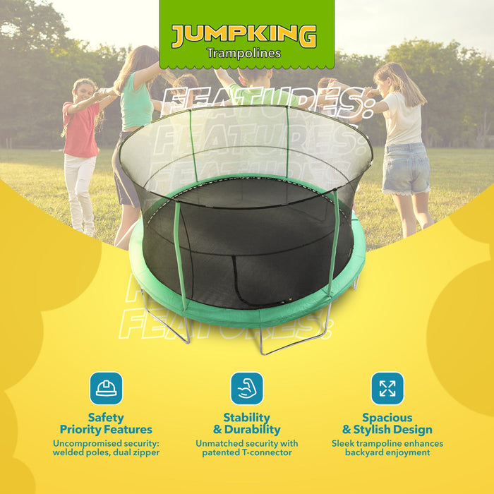 JumpKing JK1418C2 14 Foot Padded Enclosed Round Trampoline with G3 Poles, Green