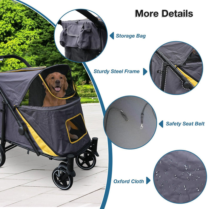 Foldable Pet Stroller Travel Carrier with Storage Pocket, Breathable Mesh, Gray and Yellow