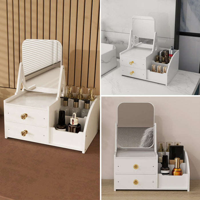 Makeup Storage Organizer for Vanity with Rotating Mirror and 2 Drawers and Compartment