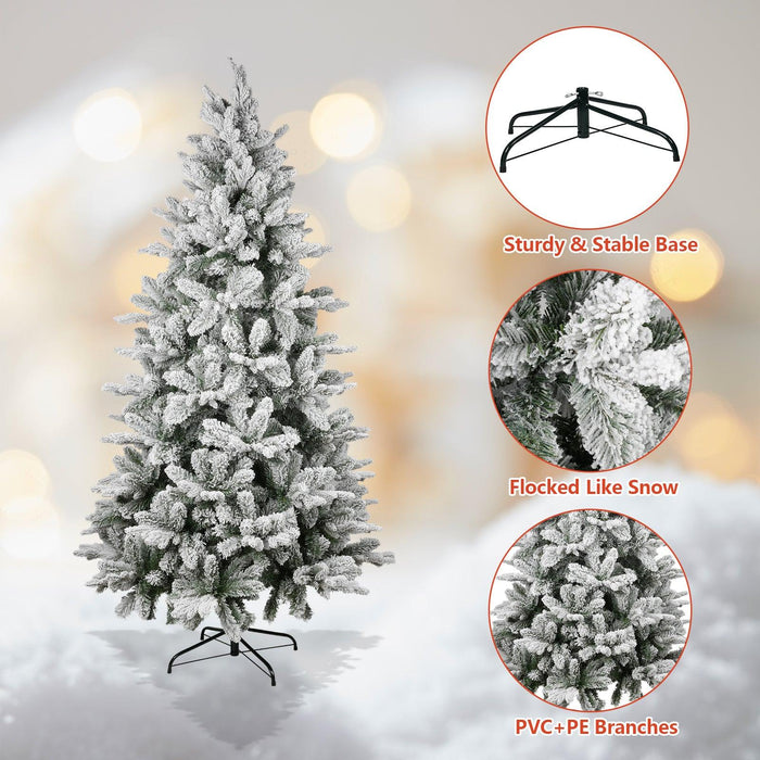 6.9ft Artificial Christmas Pine Tree Snow Flocked Xmas Tree with 950 Branch Tips Metal Frame