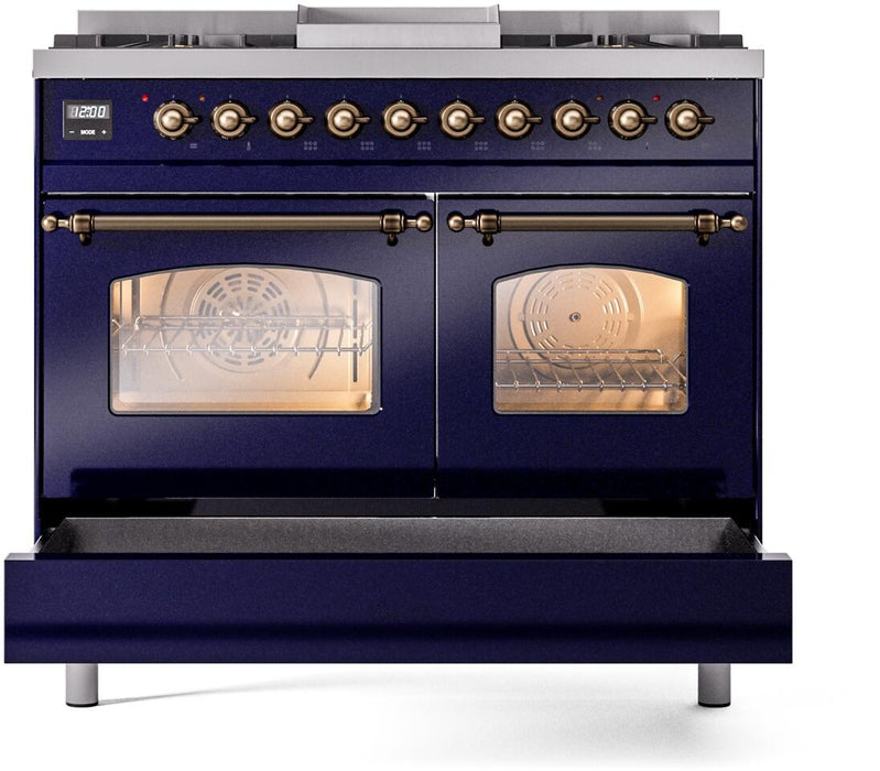 ILVE Nostalgie II 40" Dual Fuel Propane Gas Range in Blue with Bronze Trim, UPD40FNMPMBBLP