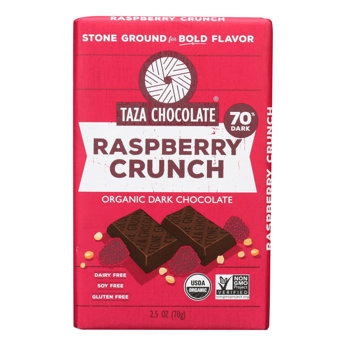 Taza Chocolate Organic Raspberry Crunch 2.5 Oz. Dark Chocolate Bar - Case of 10