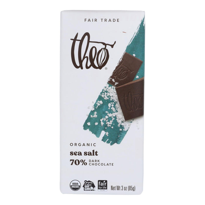 Theo Organic Dark Chocolate Bar, 70% Cacao, Classic, Sea Salt - 3 Oz (12-Pack)