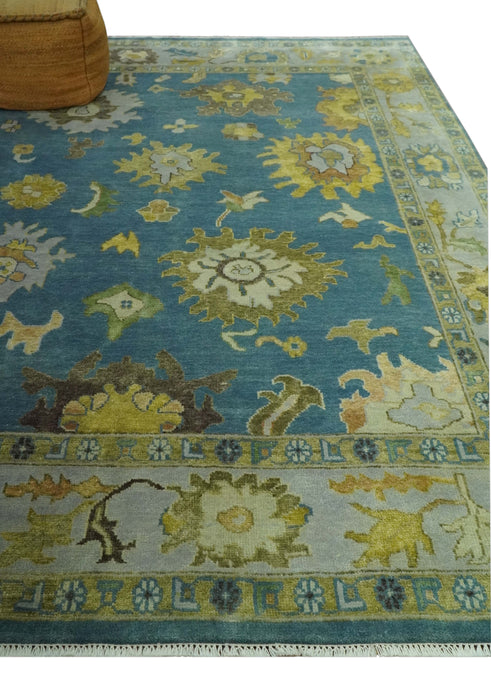 Blue, Silver and Olive 8x10 Hand knotted Traditional Oushak wool area rug