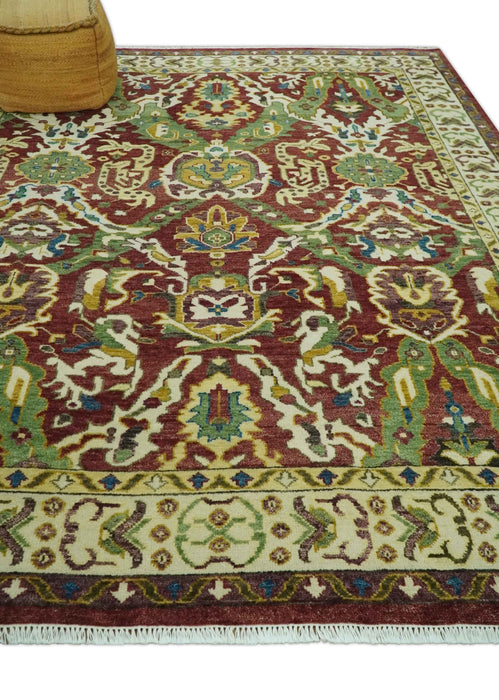 Maroon and Green Hand Knotted Traditional Large Design 8x10 wool area rug